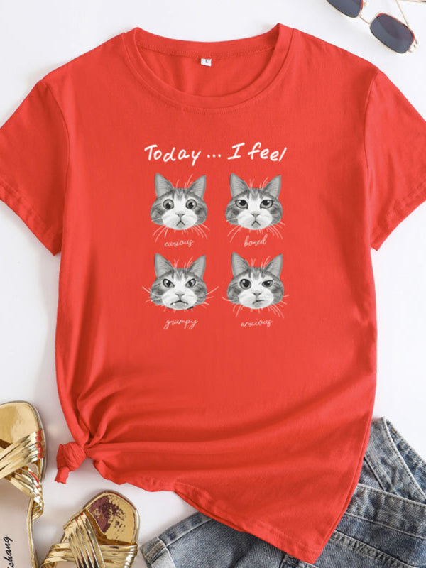 Deborah New Cat Print Round Neck Short Sleeve T-Shirt