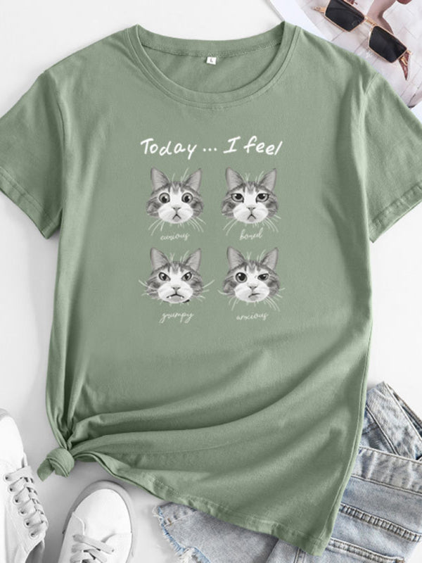 Deborah New Cat Print Round Neck Short Sleeve T-Shirt