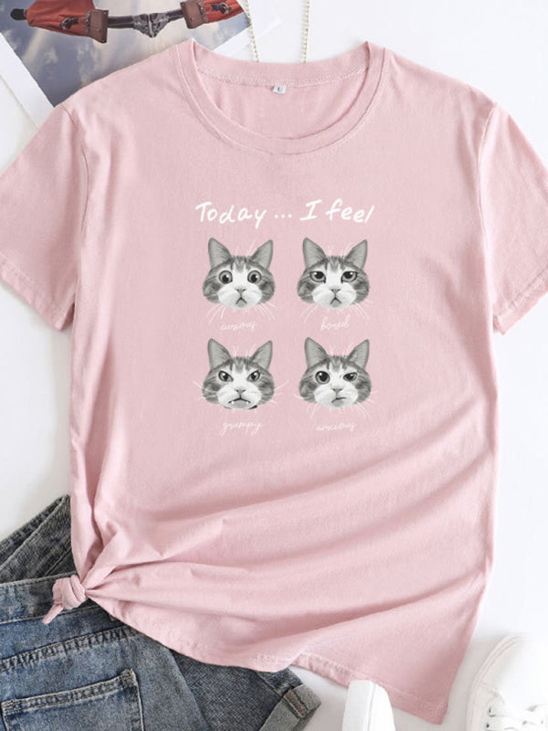 Deborah New Cat Print Round Neck Short Sleeve T-Shirt