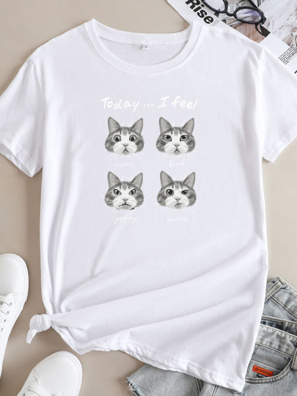 Deborah New Cat Print Round Neck Short Sleeve T-Shirt