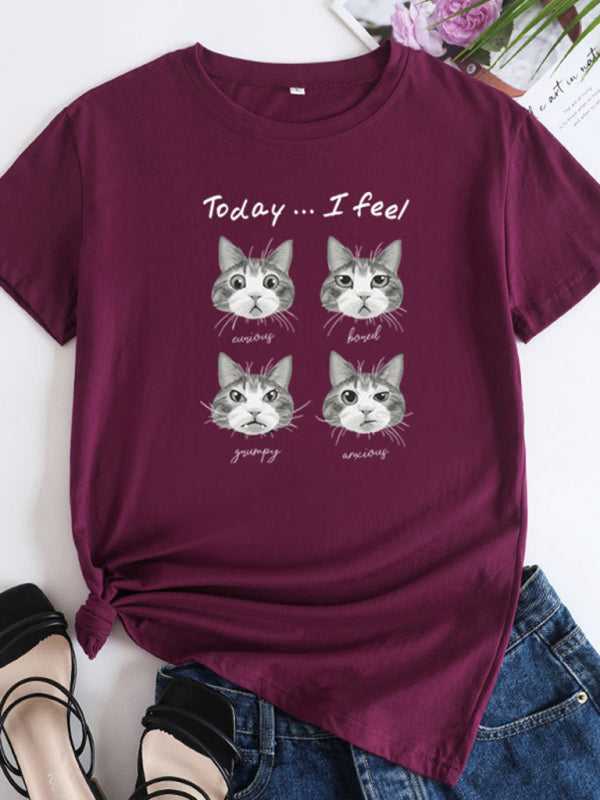 Deborah New Cat Print Round Neck Short Sleeve T-Shirt