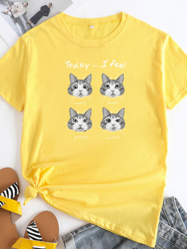 Deborah New Cat Print Round Neck Short Sleeve T-Shirt