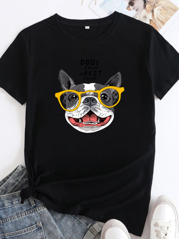 Arianna New Puppy Print Round Neck Short Sleeve T-Shirt