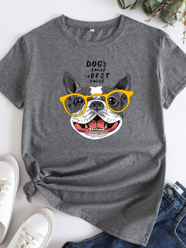 Arianna New Puppy Print Round Neck Short Sleeve T-Shirt