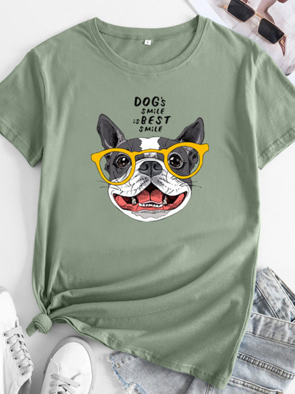 Arianna New Puppy Print Round Neck Short Sleeve T-Shirt