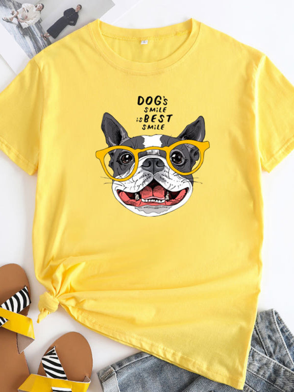 Arianna New Puppy Print Round Neck Short Sleeve T-Shirt