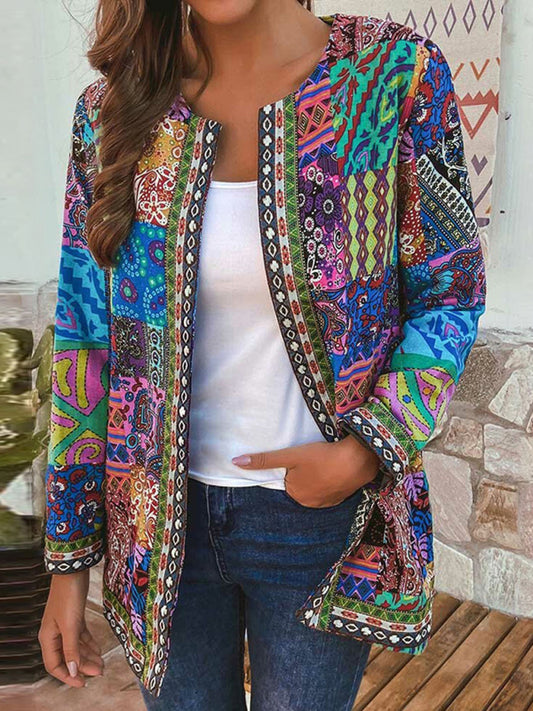 Mckenna Casual Retro Cotton And Linen Printed Loose Long-Sleeved Cardigan Jacket