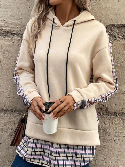 Kamryn New Women's Fashion Hooded Contrasting Plaid Splicing Slit Sweatshirt