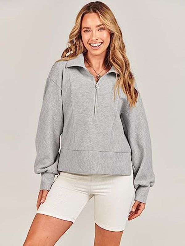 Mollie Women's Loose Zipper Neck Long Sleeve Sweatshirt Top