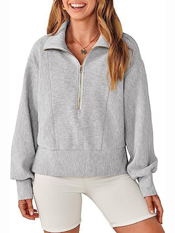 Mollie Women's Loose Zipper Neck Long Sleeve Sweatshirt Top