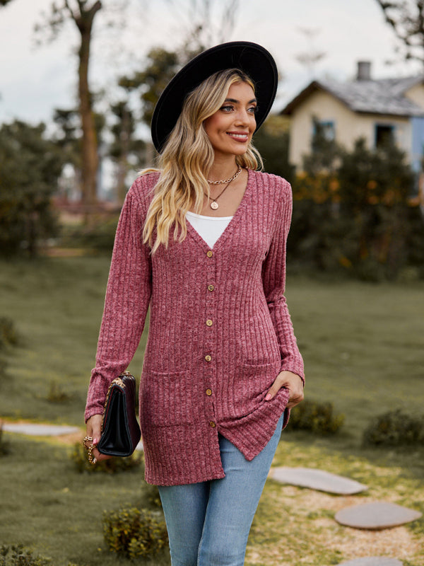 Kristie Brushed Pitted Solid Color Long-Sleeved Ladies Cardigan