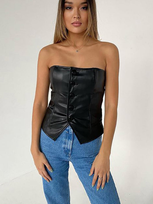 Miriana New PU Leather Single-Breasted Bateau Collar Slim And Sexy Backless Tube Top