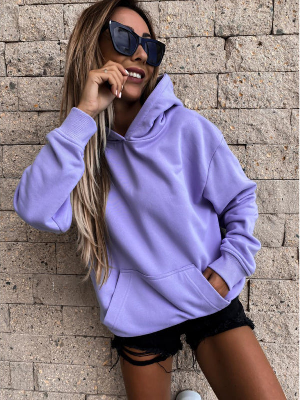 Abbey New Autumn And Winter Long-Sleeved Solid Color Pullover Hooded Sweatshirt Top