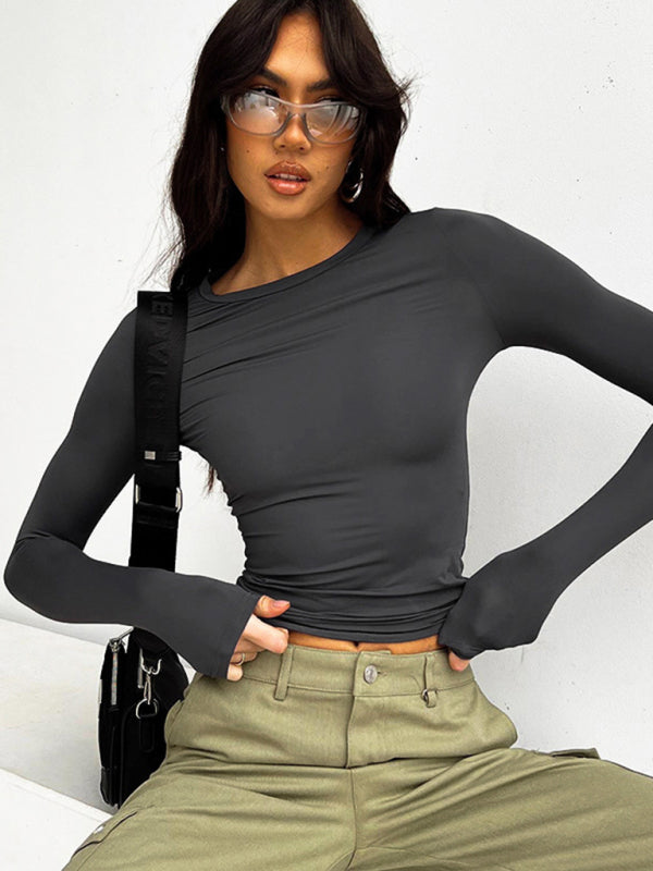 Maya New Women's Round Neck Slim Long Sleeve Solid Color T-Shirt