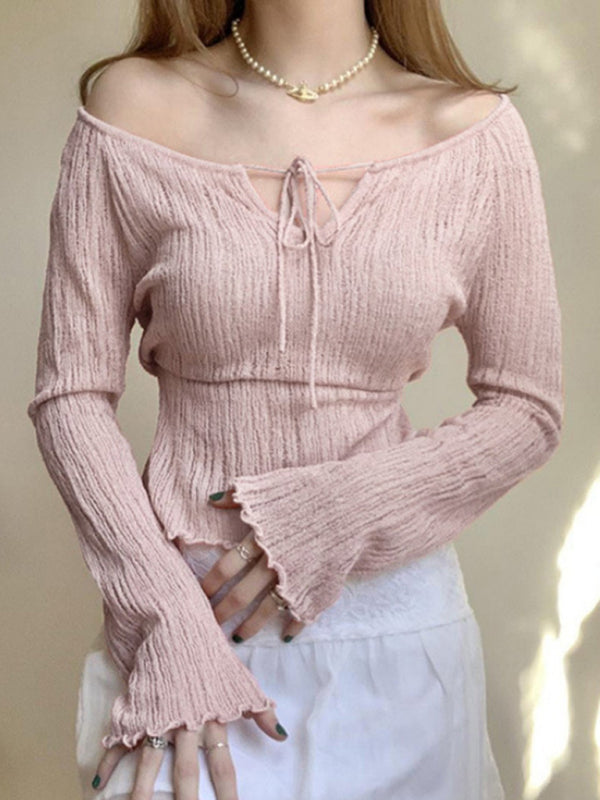 Alena New Elegant One-Shoulder V-Neck Lace-Up Shoulder-Length Long-Sleeved Sweet Fungus-Trimmed Sweater