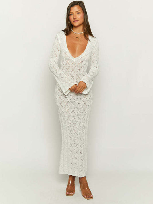 Raven Temperamental Low-Cut Sexy V-Neck Long-Sleeved Backless Slim-Fit Hip-Hugging Knitted Long Dress