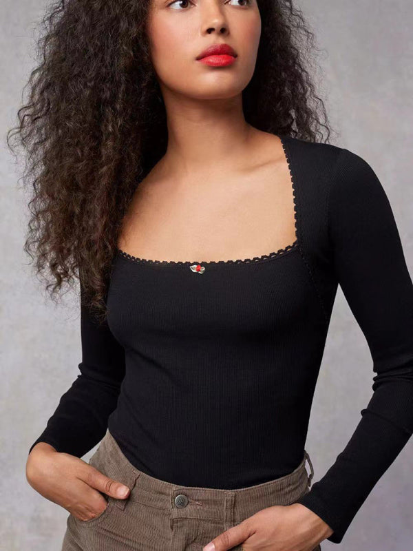 Women's New Bottoming Shirt Stretch Thread Body Flower Square Neck Knitted Long Sleeve T-Shirt Top