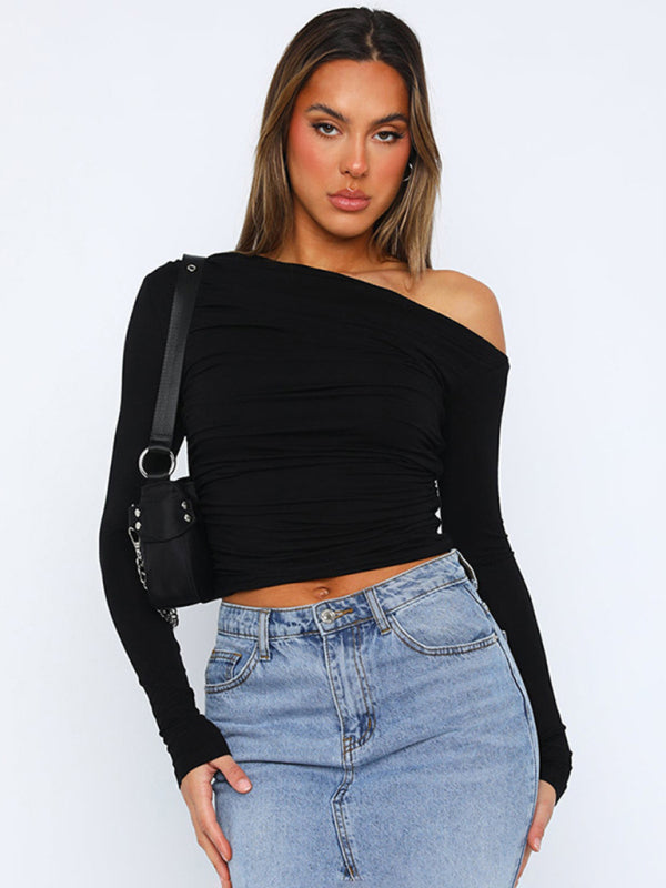 Shea Off-Shoulder Long-Sleeved Gathered Midriff-Baring Knit Top