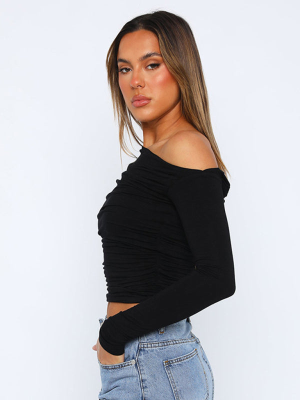 Shea Off-Shoulder Long-Sleeved Gathered Midriff-Baring Knit Top