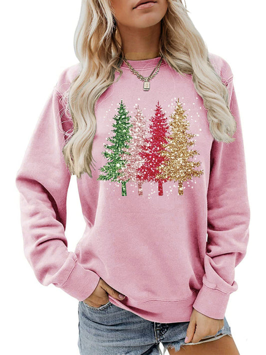 Tracie New Fun Round Neck Women's Long Sleeve Four Christmas Trees Sweatshirt