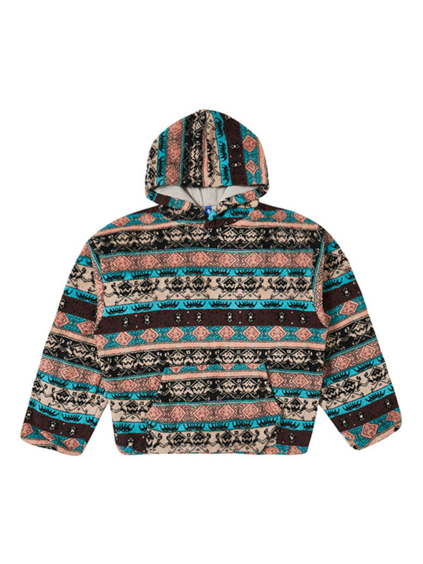 Kaleigh Ethnic Pattern Loose Teddy Fur Hooded Sweatshirt