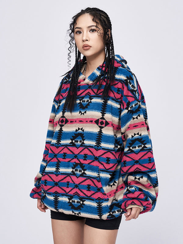 Kaleigh Ethnic Pattern Loose Teddy Fur Hooded Sweatshirt