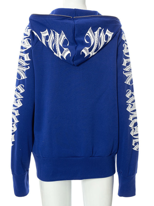 Sage Zippered Letter Print Hooded Long-Sleeved Casual Sweatshirt