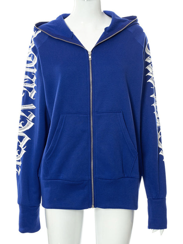 Sage Zippered Letter Print Hooded Long-Sleeved Casual Sweatshirt