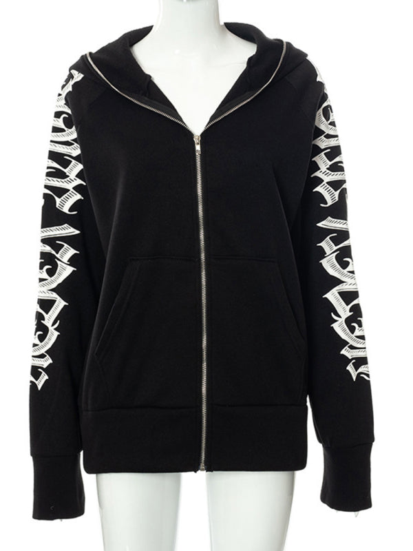 Sage Zippered Letter Print Hooded Long-Sleeved Casual Sweatshirt