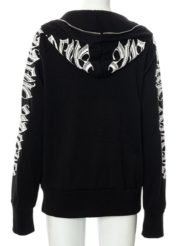 Sage Zippered Letter Print Hooded Long-Sleeved Casual Sweatshirt