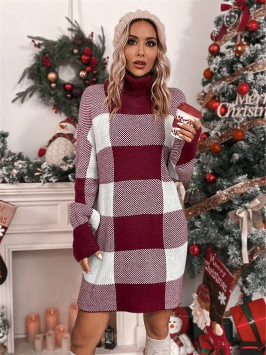 Julia Christmas Turtleneck Loose Slimming Plaid Contrast Sweater Dress