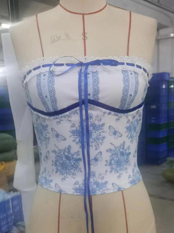 Odessa Women's Spring Blue and White Porcelain Print Sexy Backless Cropped Top