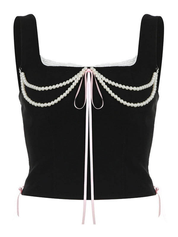 Valetta Women's New Style French Pearl Suspender Lace Splicing Strap Waist Vest