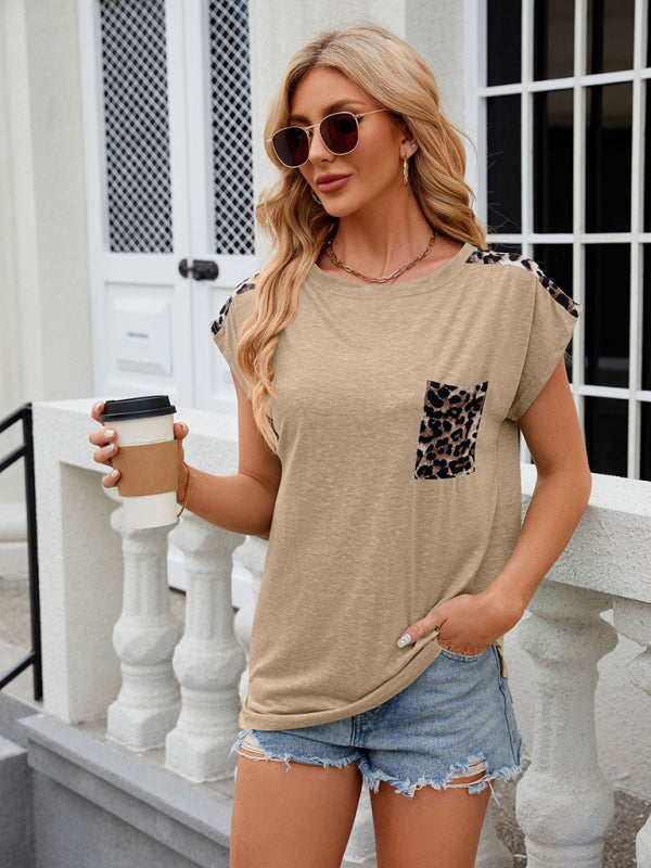 Briana Women's Round Neck Short-Sleeved Leopard Print Pocket Casual T-Shirt