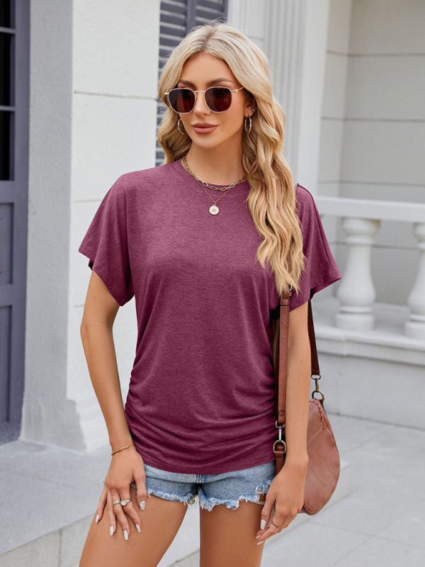 Sierra Women's Round Neck Pleated Solid Color Short-Sleeved Loose T-Shirt Top