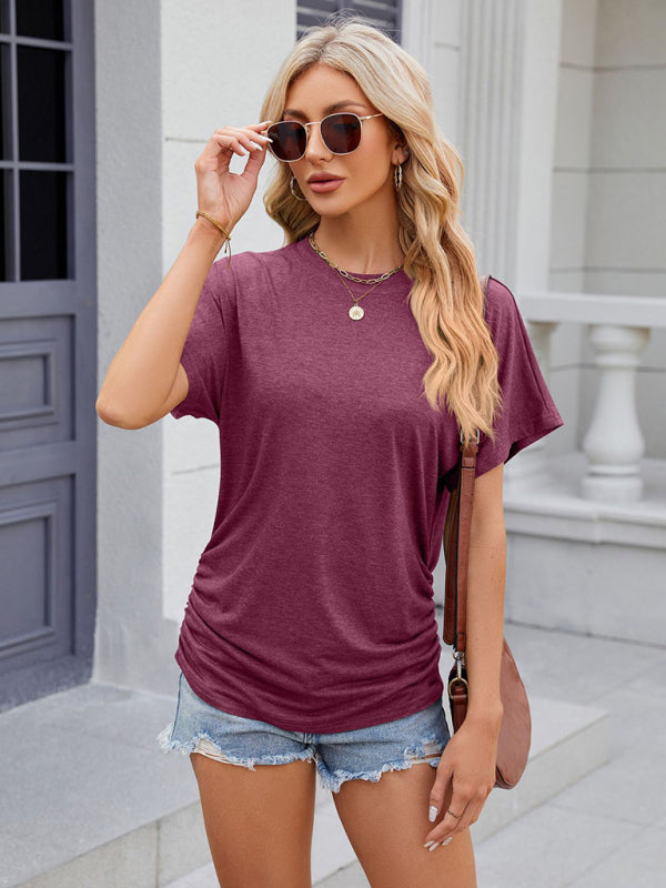 Sierra Women's Round Neck Pleated Solid Color Short-Sleeved Loose T-Shirt Top