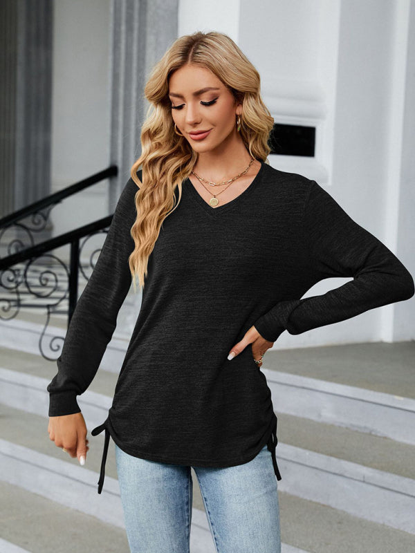 Maude V-Neck Smocked Solid Color Long-Sleeved Loose T-Shirt Top