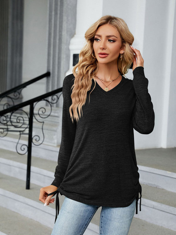 Maude V-Neck Smocked Solid Color Long-Sleeved Loose T-Shirt Top