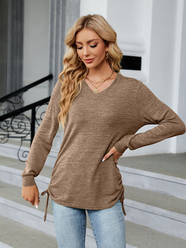 Maude V-Neck Smocked Solid Color Long-Sleeved Loose T-Shirt Top