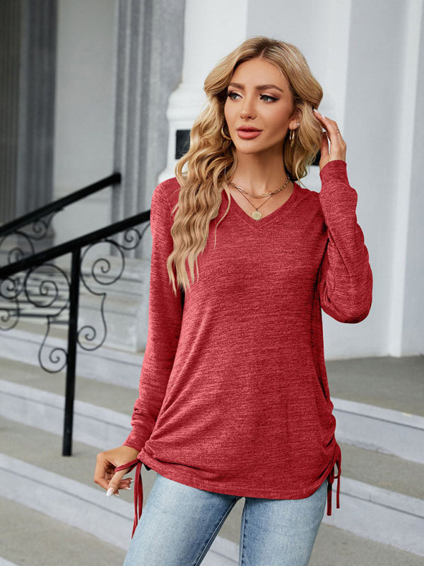 Maude V-Neck Smocked Solid Color Long-Sleeved Loose T-Shirt Top