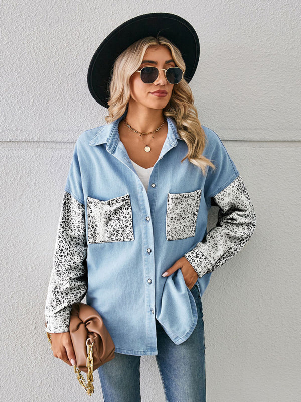 Phoenix New Loose Leopard Print Patchwork Denim Shirt Long Sleeve Top Cardigan