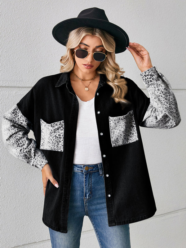 Phoenix New Loose Leopard Print Patchwork Denim Shirt Long Sleeve Top Cardigan