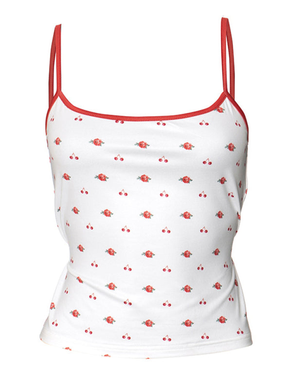 Tamar Women's Contrast Color Cherry Flower Print Camisole Cropped Top And Vest