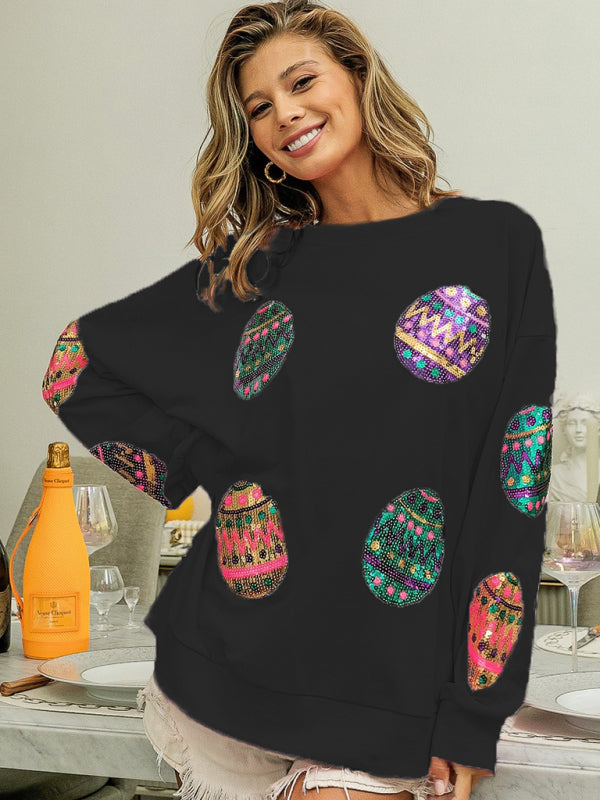 Ximena Women's Easter Egg Sequin Round Neck Pullover Sweatshirt