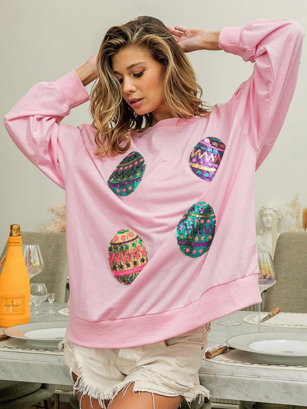 Ximena Women's Easter Egg Sequin Round Neck Pullover Sweatshirt