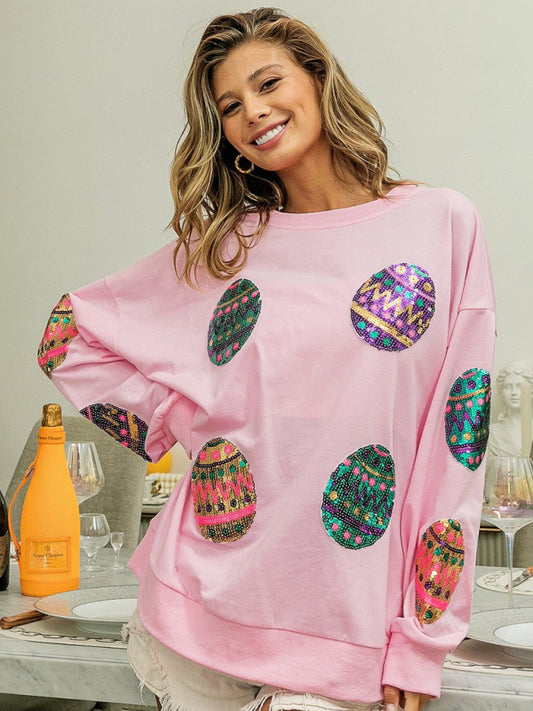 Ximena Women's Easter Egg Sequin Round Neck Pullover Sweatshirt