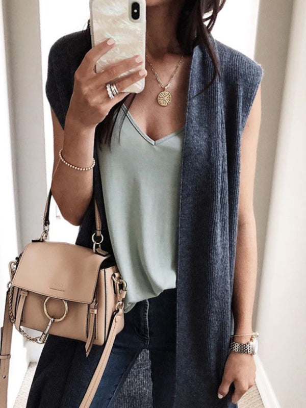 Kasey New Solid Color Fashionable Casual Mid-Length Cardigan Vest