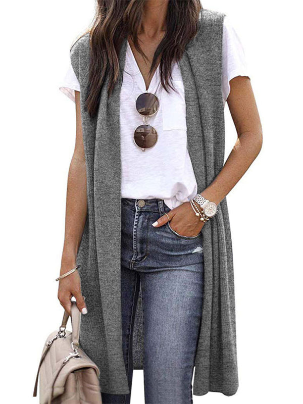 Kasey New Solid Color Fashionable Casual Mid-Length Cardigan Vest