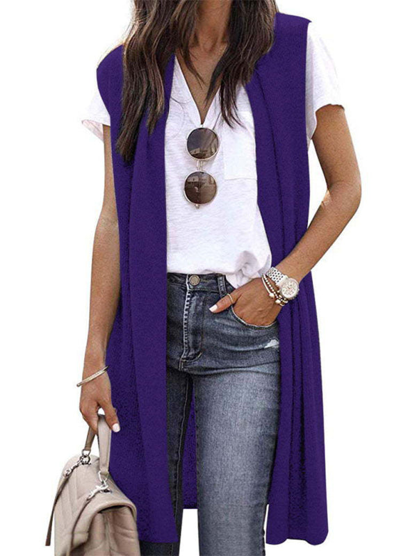 Kasey New Solid Color Fashionable Casual Mid-Length Cardigan Vest