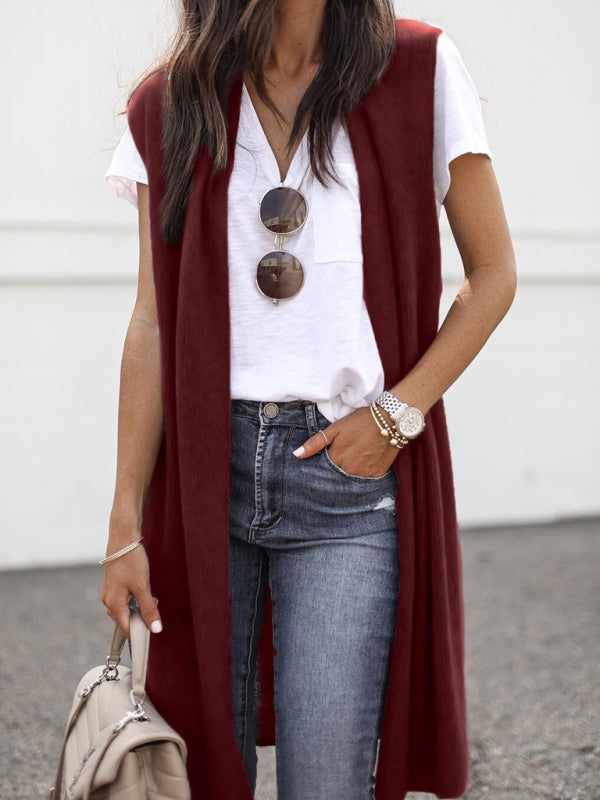 Kasey New Solid Color Fashionable Casual Mid-Length Cardigan Vest